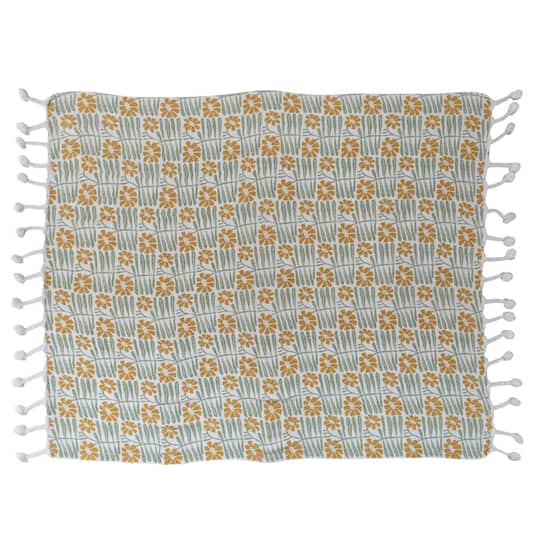  Woven Recycled Cotton Blend Printed Throw with Flowers and Braided Pom Pom Tassels, Sage and Mustard